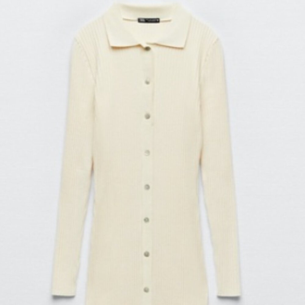 Zara Ribbed Dress With Buttons. White, size S - Picture 2 of 7